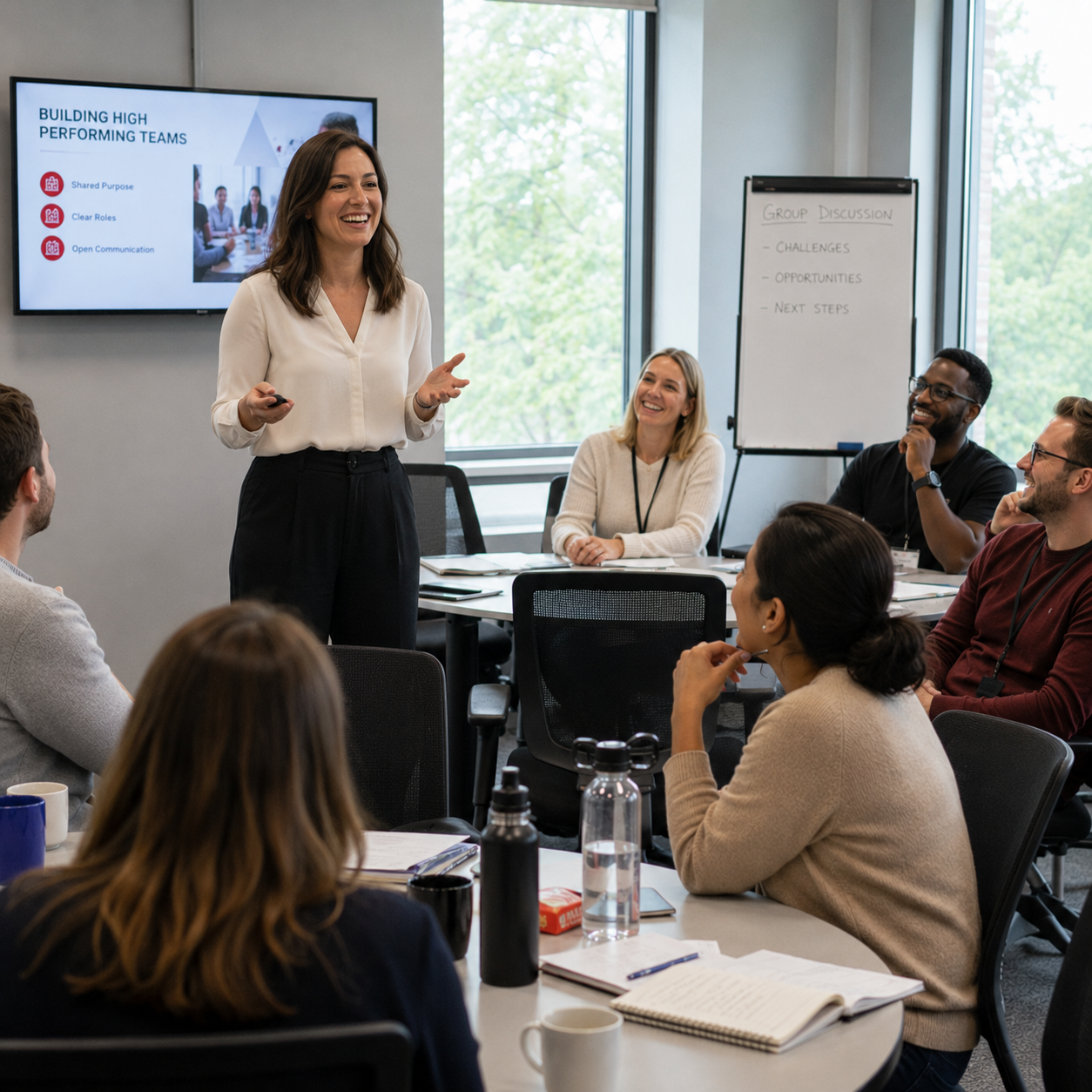 A CultureHub facilitator leading a high-energy workshop on building high performing teams, with an engaged group around the table