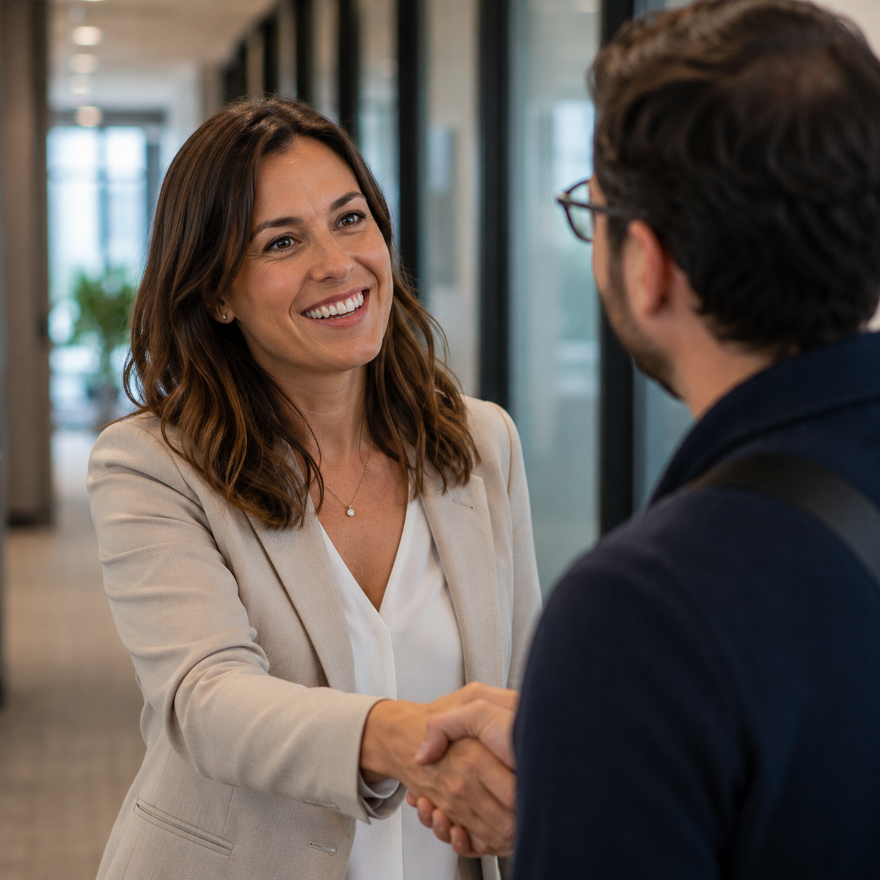 A CultureHub facilitator warmly shaking hands with a client in an office corridor