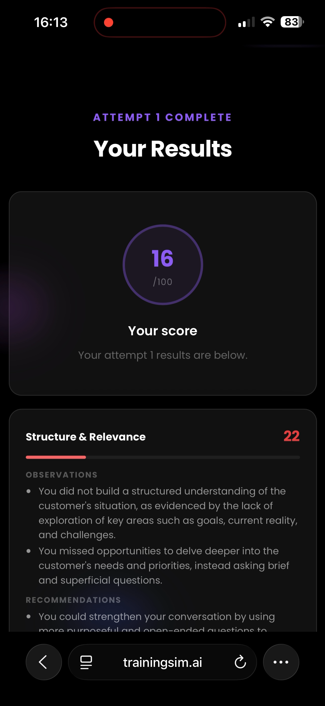 Jaime on mobile: the results screen showing an overall score out of 100 and a dimension breakdown with observations and recommendations