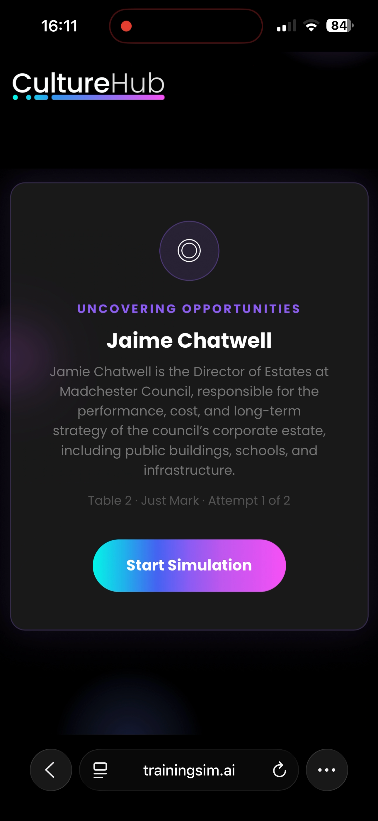 The Jaime app on a phone showing a simulation ready to start: Uncovering Opportunities, with a persona briefing and a Start Simulation button