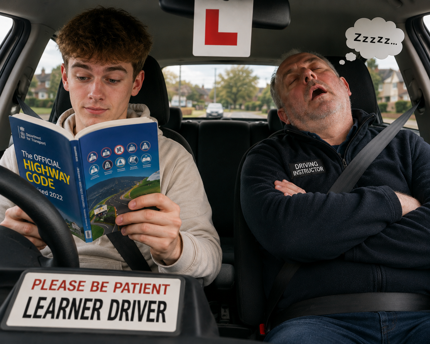 A learner driver reading the Highway Code at the wheel while the driving instructor sleeps, engaging with the theory before getting behind the wheel
